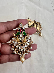 Antique gold polish kundan, ruby & emerald peacock earrings with pearls-Earrings-CI-House of Taamara