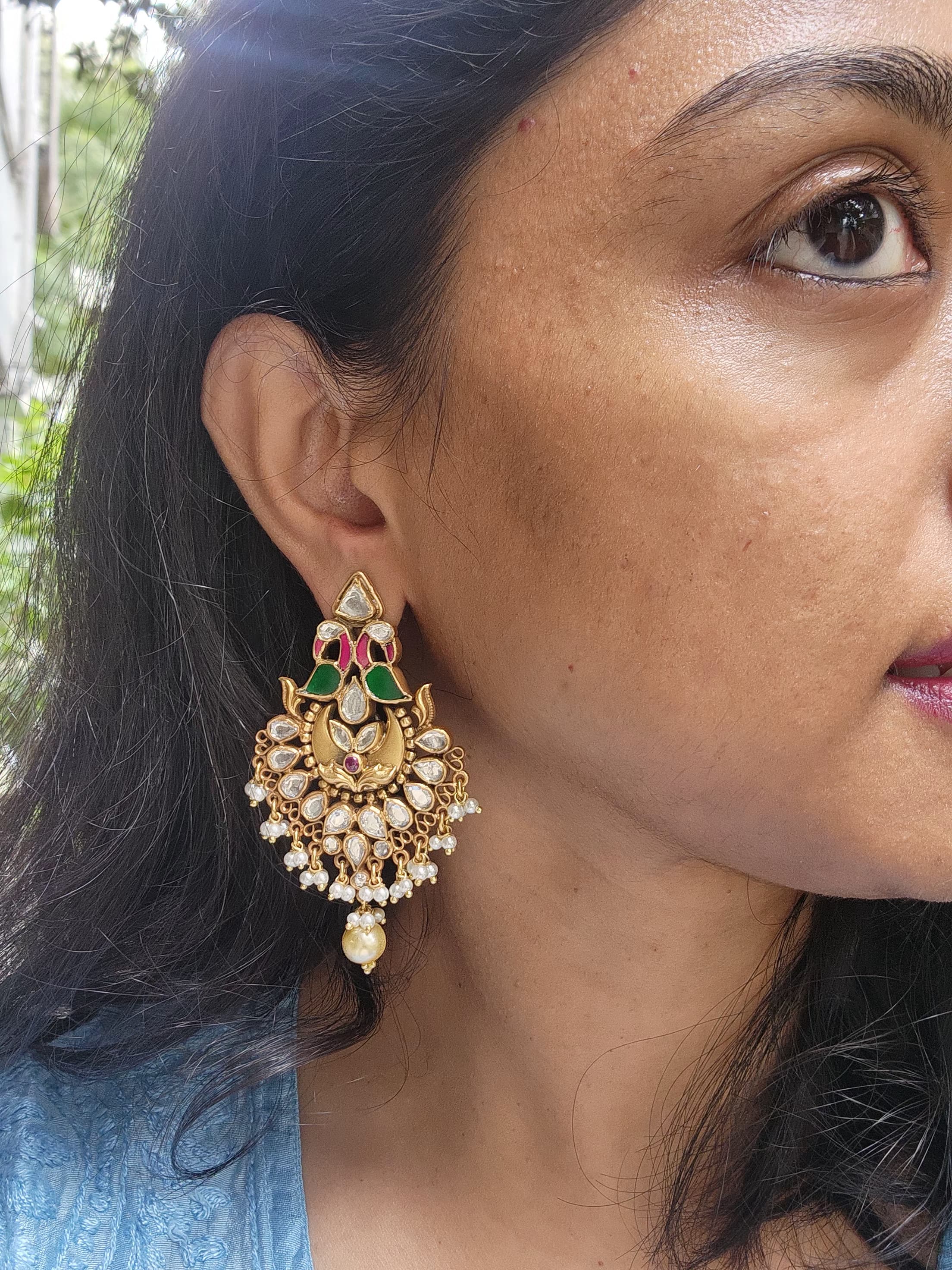 Antique gold polish kundan, ruby & emerald peacock earrings with pearls-Earrings-CI-House of Taamara