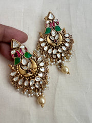 Antique gold polish kundan, ruby & emerald peacock earrings with pearls-Earrings-CI-House of Taamara