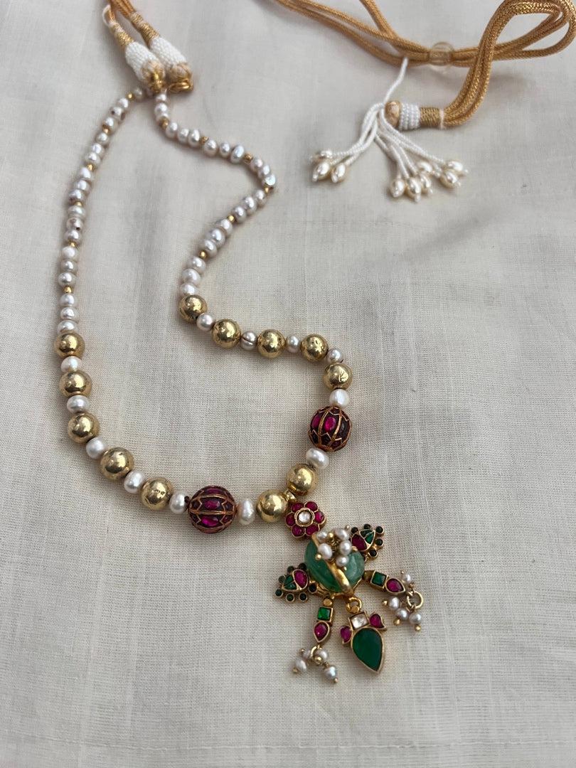 Antique gold polish kundan, ruby & emerald pendant with gold beads & pearls chain-Silver Neckpiece-CI-House of Taamara