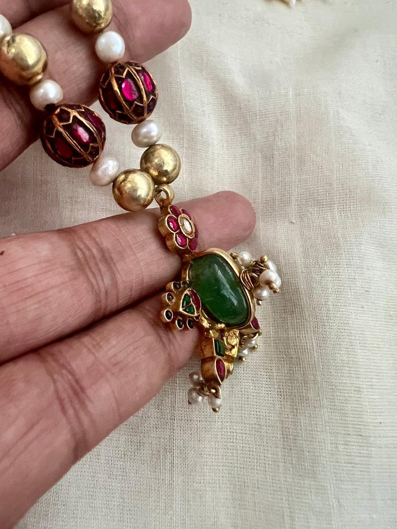 Antique gold polish kundan, ruby & emerald pendant with gold beads & pearls chain-Silver Neckpiece-CI-House of Taamara