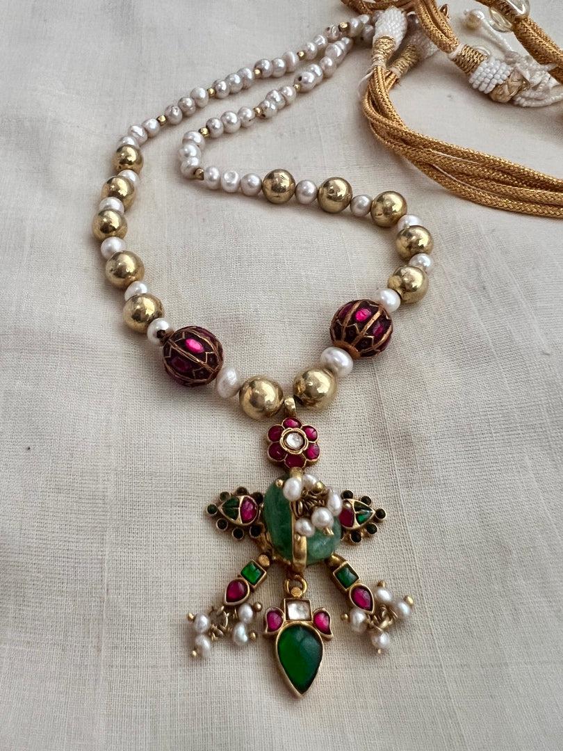 Antique gold polish kundan, ruby & emerald pendant with gold beads & pearls chain-Silver Neckpiece-CI-House of Taamara