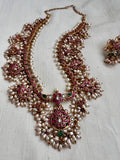 Antique gold polish kundan, ruby & emerald statement gutapusulu necklace with pearls, SET-Silver Neckpiece-CI-House of Taamara