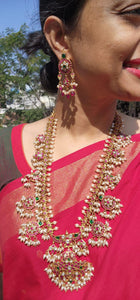 Antique gold polish kundan, ruby & emerald statement gutapusulu necklace with pearls, SET-Silver Neckpiece-CI-House of Taamara