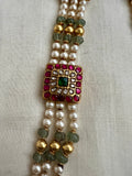 Antique gold polish kundan, ruby & emerald statement haram with pearls & jade beads-Silver Neckpiece-CI-House of Taamara