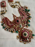 Antique gold polish kundan, ruby & emerald statement haram with pearls & jade beads-Silver Neckpiece-CI-House of Taamara