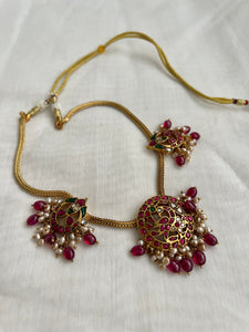 Antique gold polish kundan, ruby, emerald stones and pearls necklace-Silver Neckpiece-CI-House of Taamara
