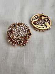 Antique gold polish kundan, ruby & emerald studs with stringed pearls-Earrings-CI-House of Taamara