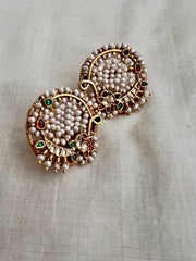 Antique gold polish kundan, ruby & emerald studs with stringed pearls-Earrings-CI-House of Taamara