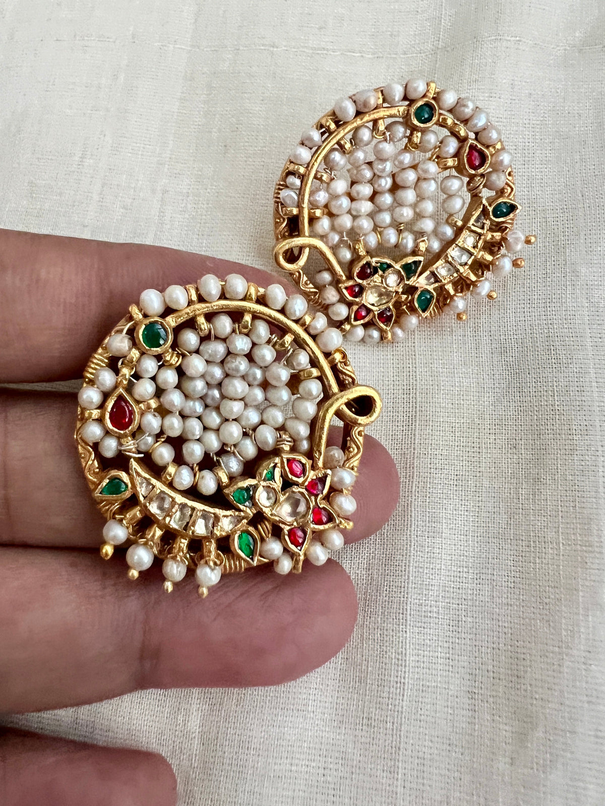 Antique gold polish kundan, ruby & emerald studs with stringed pearls-Earrings-CI-House of Taamara