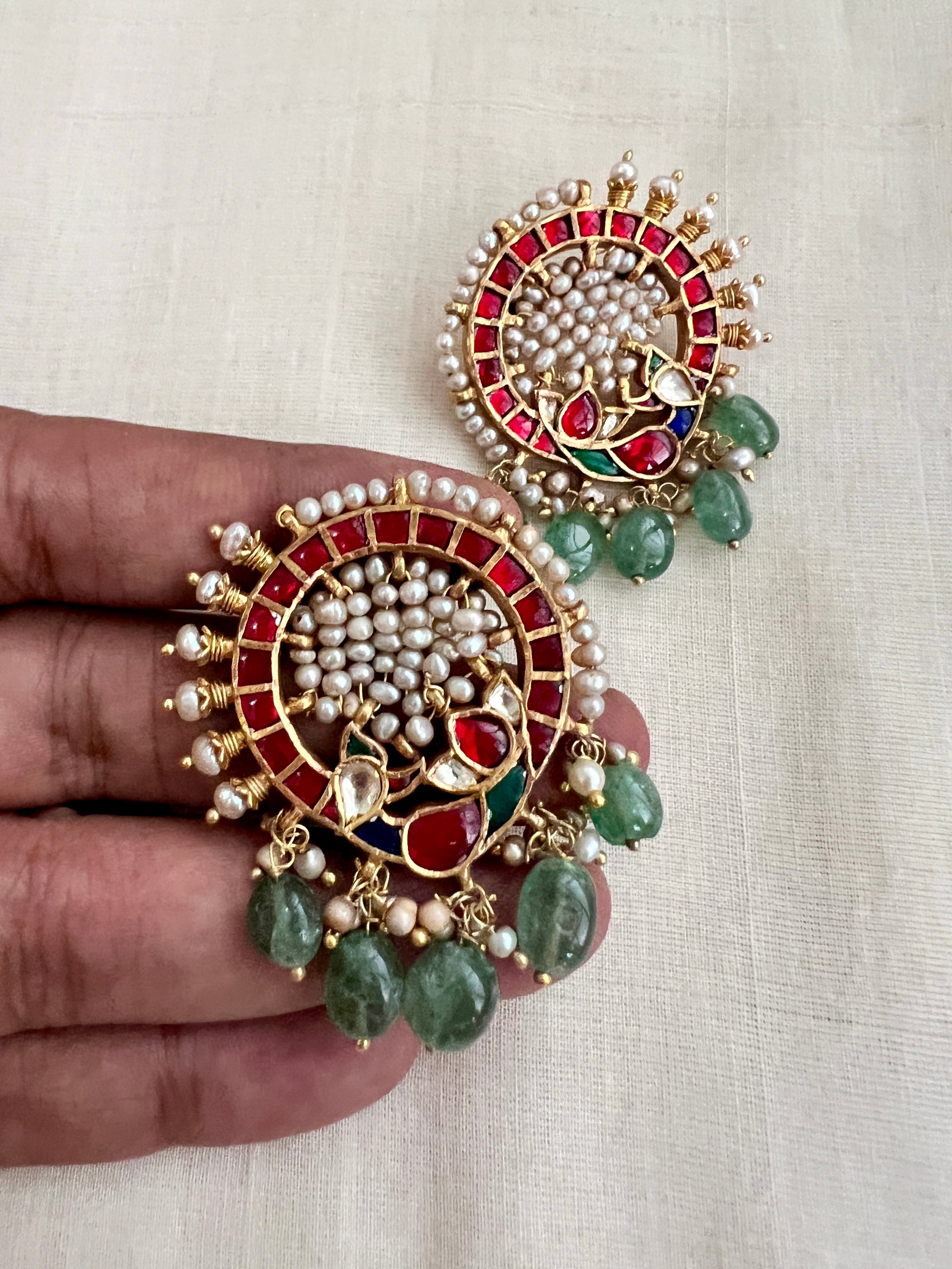 Antique gold polish kundan, ruby & emerald studs with stringed pearls and jade beads-Earrings-CI-House of Taamara