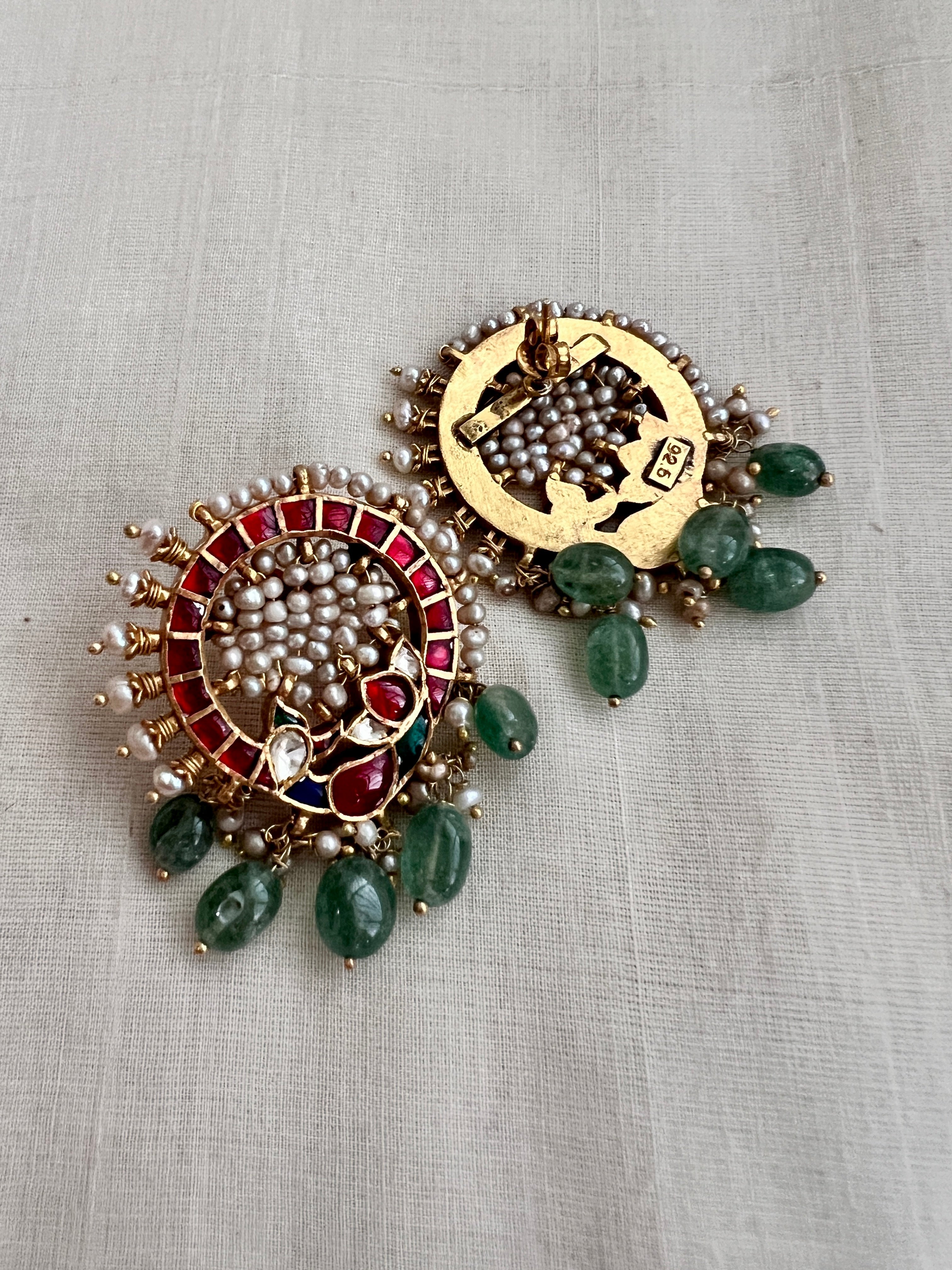 Antique gold polish kundan, ruby & emerald studs with stringed pearls and jade beads-Earrings-CI-House of Taamara