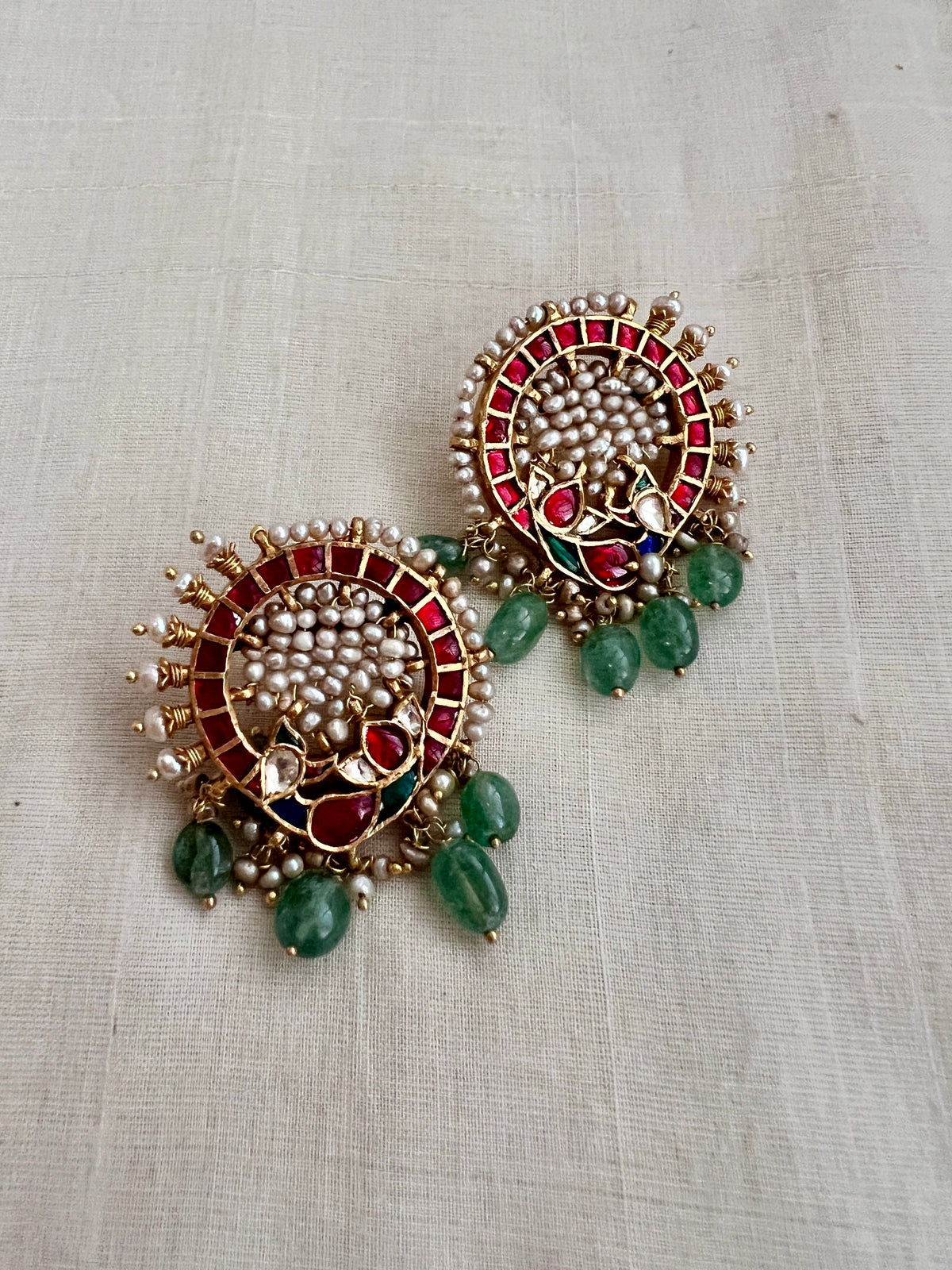 Antique gold polish kundan, ruby & emerald studs with stringed pearls and jade beads-Earrings-CI-House of Taamara