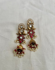 Antique gold polish kundan & ruby peacock long jhumkas with pearls-Earrings-CI-House of Taamara