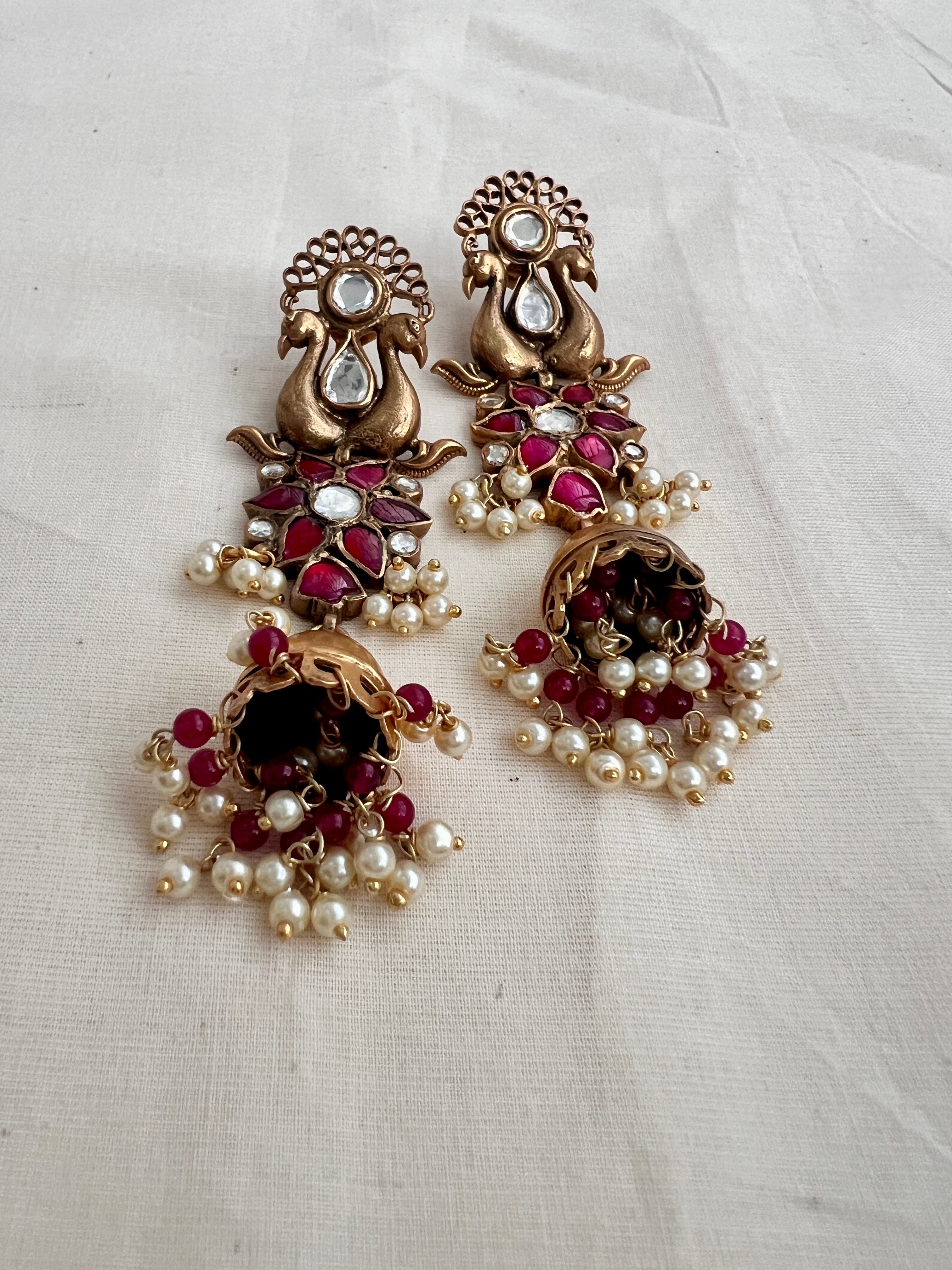 Antique gold polish kundan & ruby peacock long jhumkas with pearls-Earrings-CI-House of Taamara