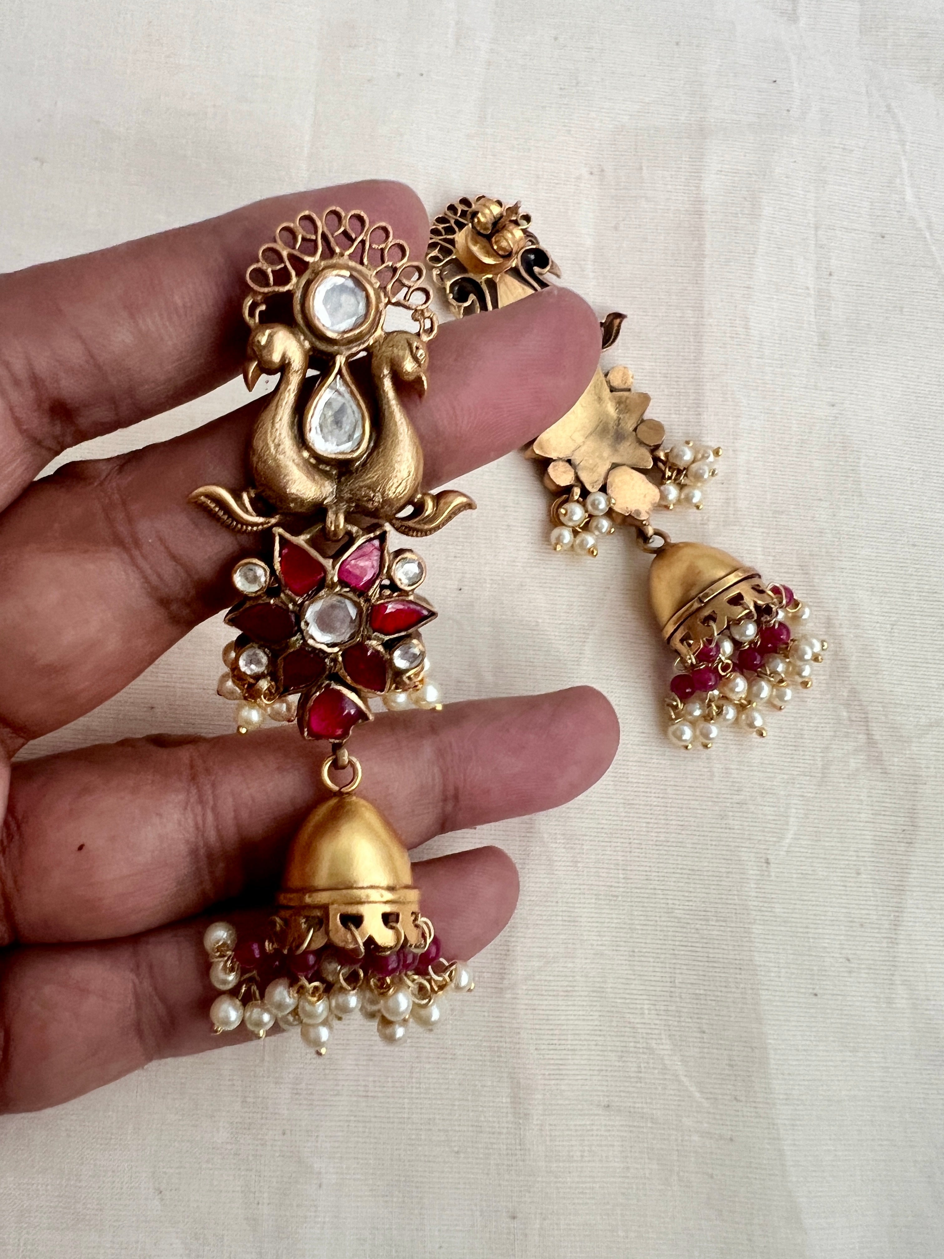 Antique gold polish kundan & ruby peacock long jhumkas with pearls-Earrings-CI-House of Taamara