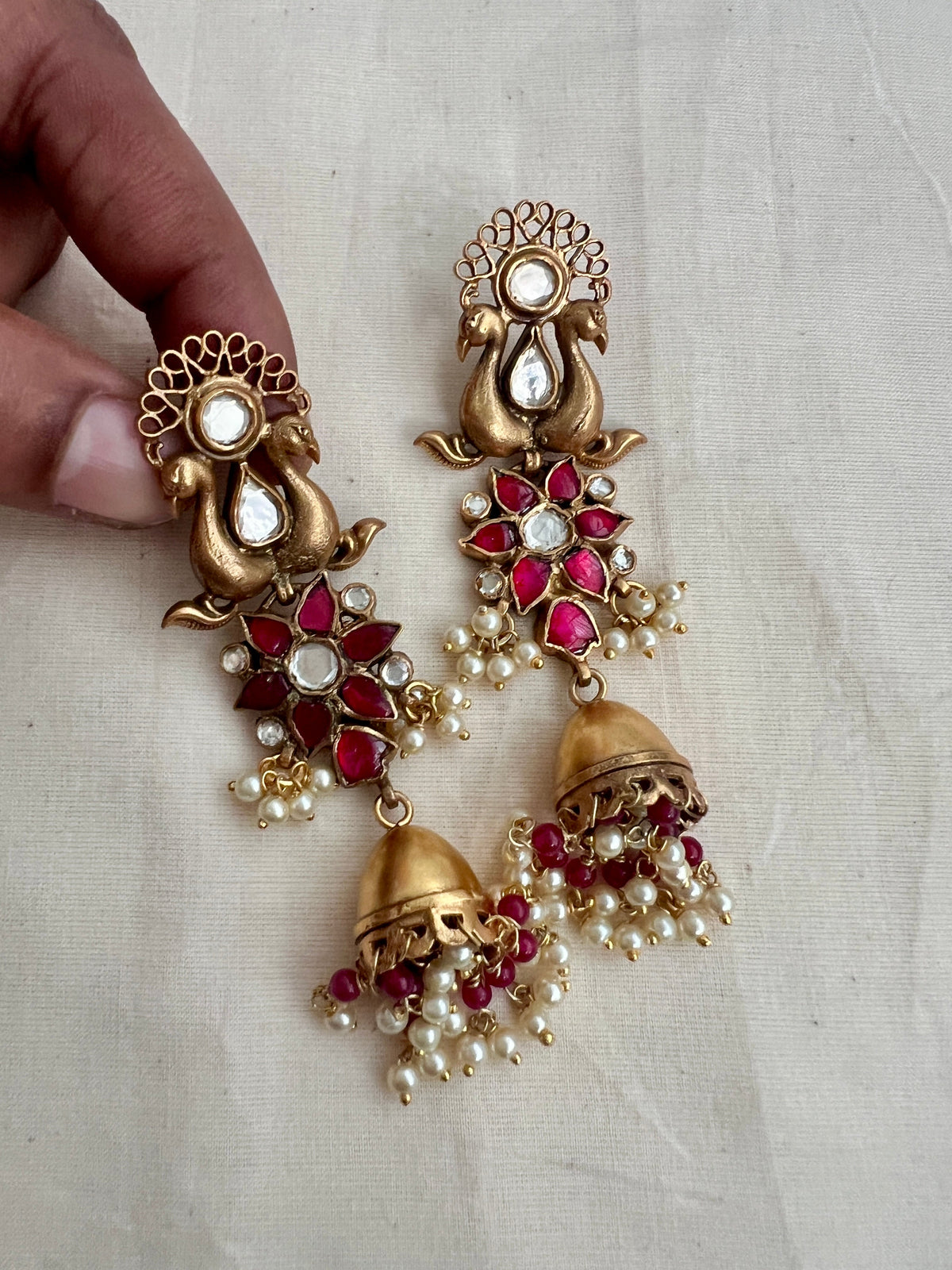 Antique gold polish kundan & ruby peacock long jhumkas with pearls-Earrings-CI-House of Taamara