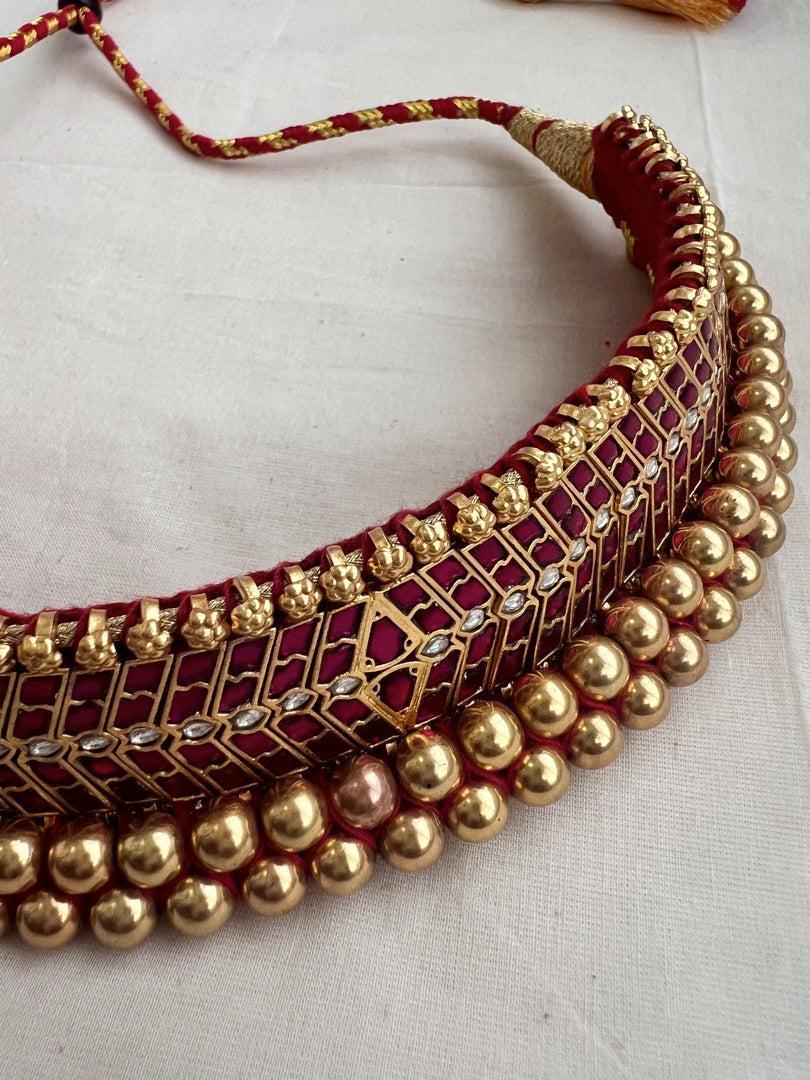 Antique gold polish kundan & ruby traditional thussi choker necklace-Silver Neckpiece-CI-House of Taamara