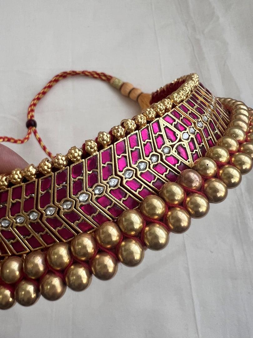 Antique gold polish kundan & ruby traditional thussi choker necklace-Silver Neckpiece-CI-House of Taamara