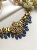 Antique gold polish kundan style necklace with blue onyx beads-Silver Neckpiece-PL-House of Taamara