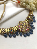 Antique gold polish kundan style necklace with blue onyx beads-Silver Neckpiece-PL-House of Taamara