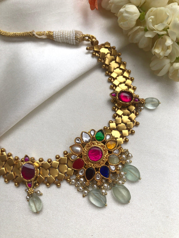 Antique gold polish navratan kundan style necklacce with green beads-Silver Neckpiece-PL-House of Taamara