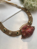 Antique gold polish necklace with antique style ruby pendant-Silver Neckpiece-PL-House of Taamara
