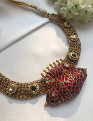 Antique gold polish necklace with antique style ruby pendant-Silver Neckpiece-PL-House of Taamara