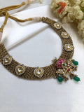Antique gold polish necklace with ruby kundan lotus with kundan motifs & pearls-Silver Neckpiece-PL-House of Taamara