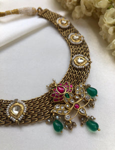 Antique gold polish necklace with ruby kundan lotus with kundan motifs & pearls-Silver Neckpiece-PL-House of Taamara