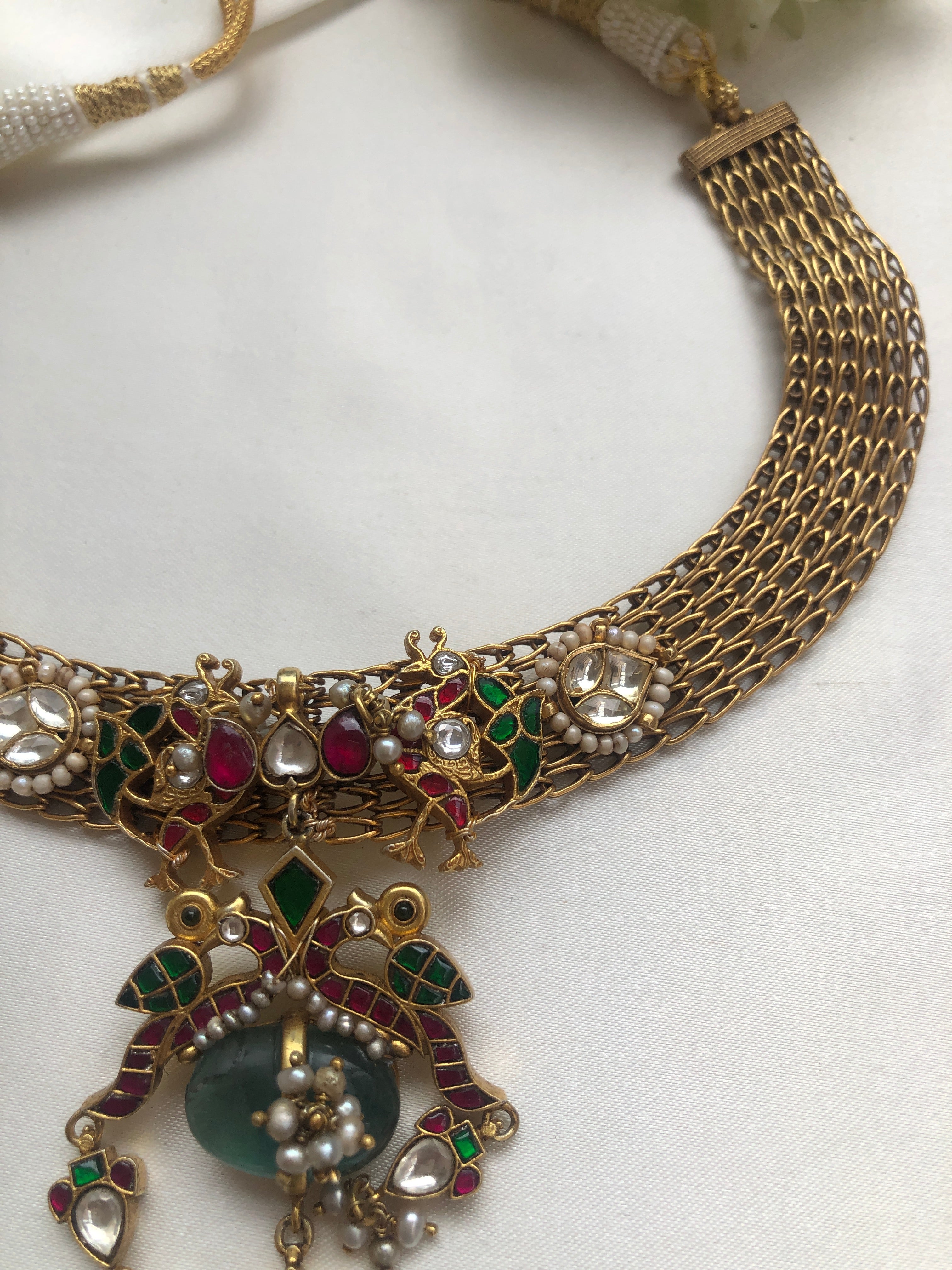 Antique gold polish necklace with semi precious pendant-Silver Neckpiece-PL-House of Taamara