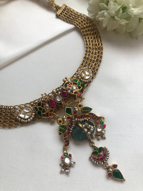 Antique gold polish necklace with semi precious pendant-Silver Neckpiece-PL-House of Taamara