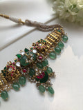 Antique gold polish necklace with semi precious rubies & green kundans-Silver Neckpiece-PL-House of Taamara