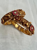Antique gold polish peacock bangles with kundan & ruby stones, pair-Silver Bracelet-CI-House of Taamara