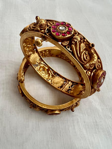 Antique gold polish peacock bangles with kundan & ruby stones, pair-Silver Bracelet-CI-House of Taamara