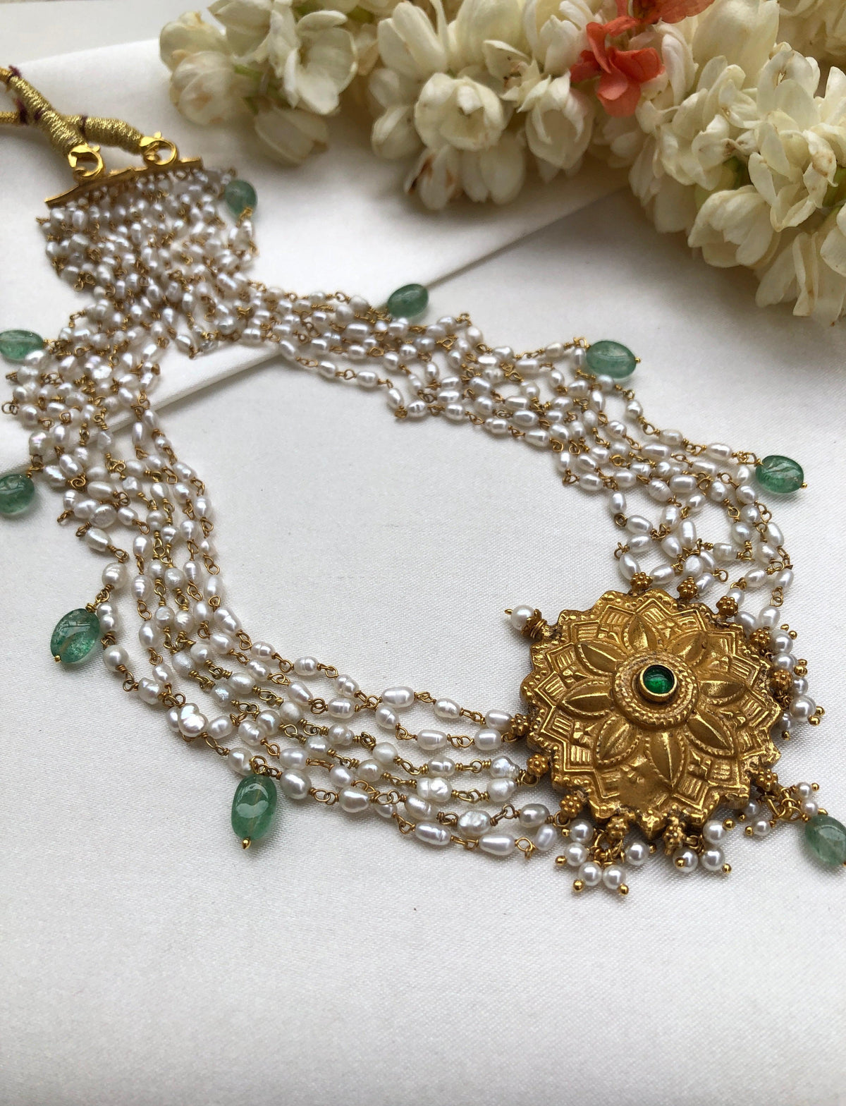 Antique gold polish pendant with green stone, 5 line pearls with green drops necklace (MADE TO ORDER)-Silver Neckpiece-PL-House of Taamara
