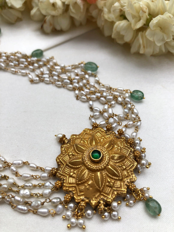 Antique gold polish pendant with green stone, 5 line pearls with green drops necklace (MADE TO ORDER)-Silver Neckpiece-PL-House of Taamara