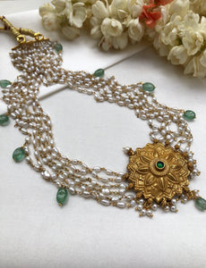 Antique gold polish pendant with green stone, 5 line pearls with green drops necklace-Silver Neckpiece-PL-House of Taamara