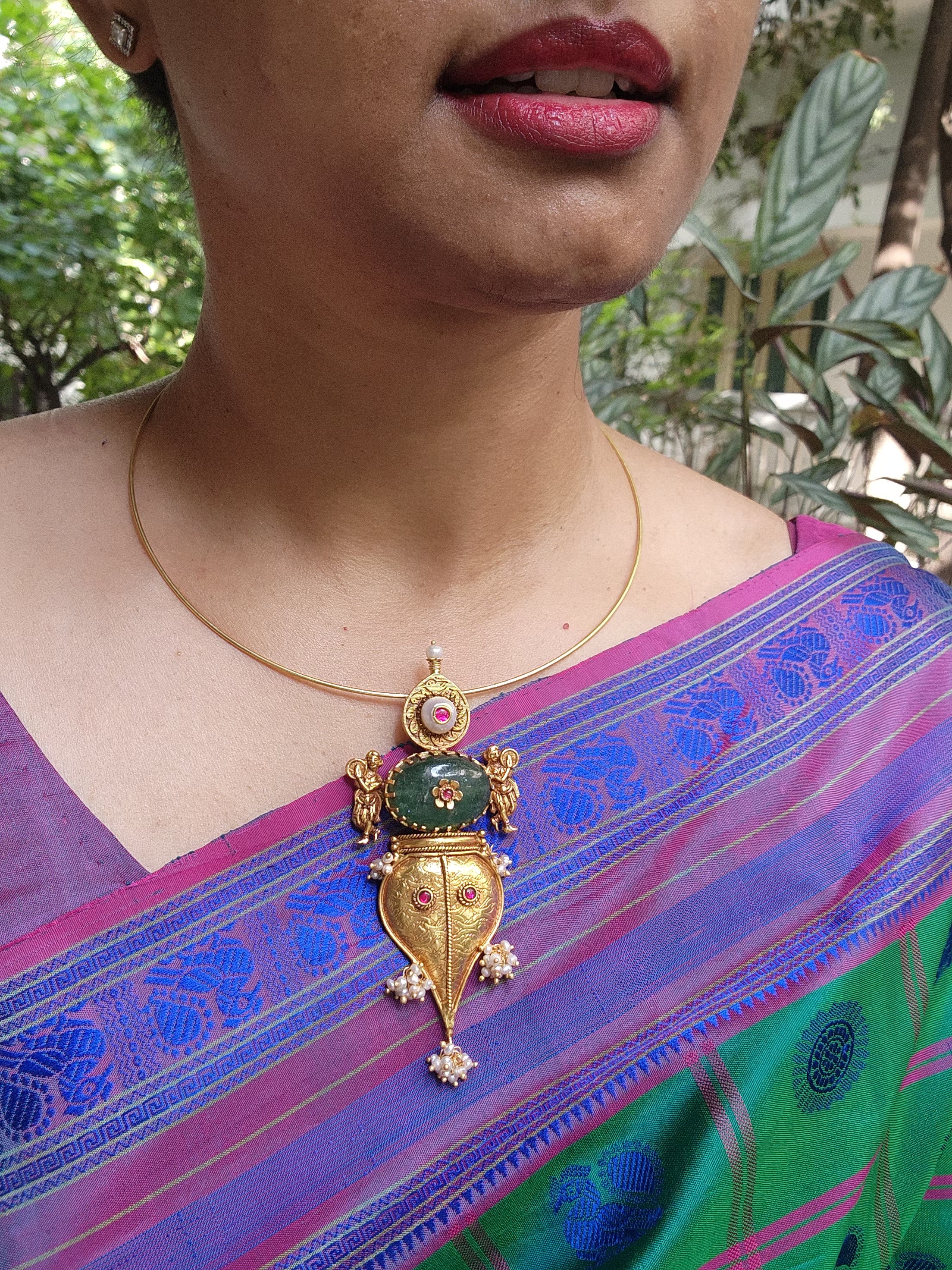 Antique gold polish pendant with hasli-Silver Neckpiece-CI-House of Taamara