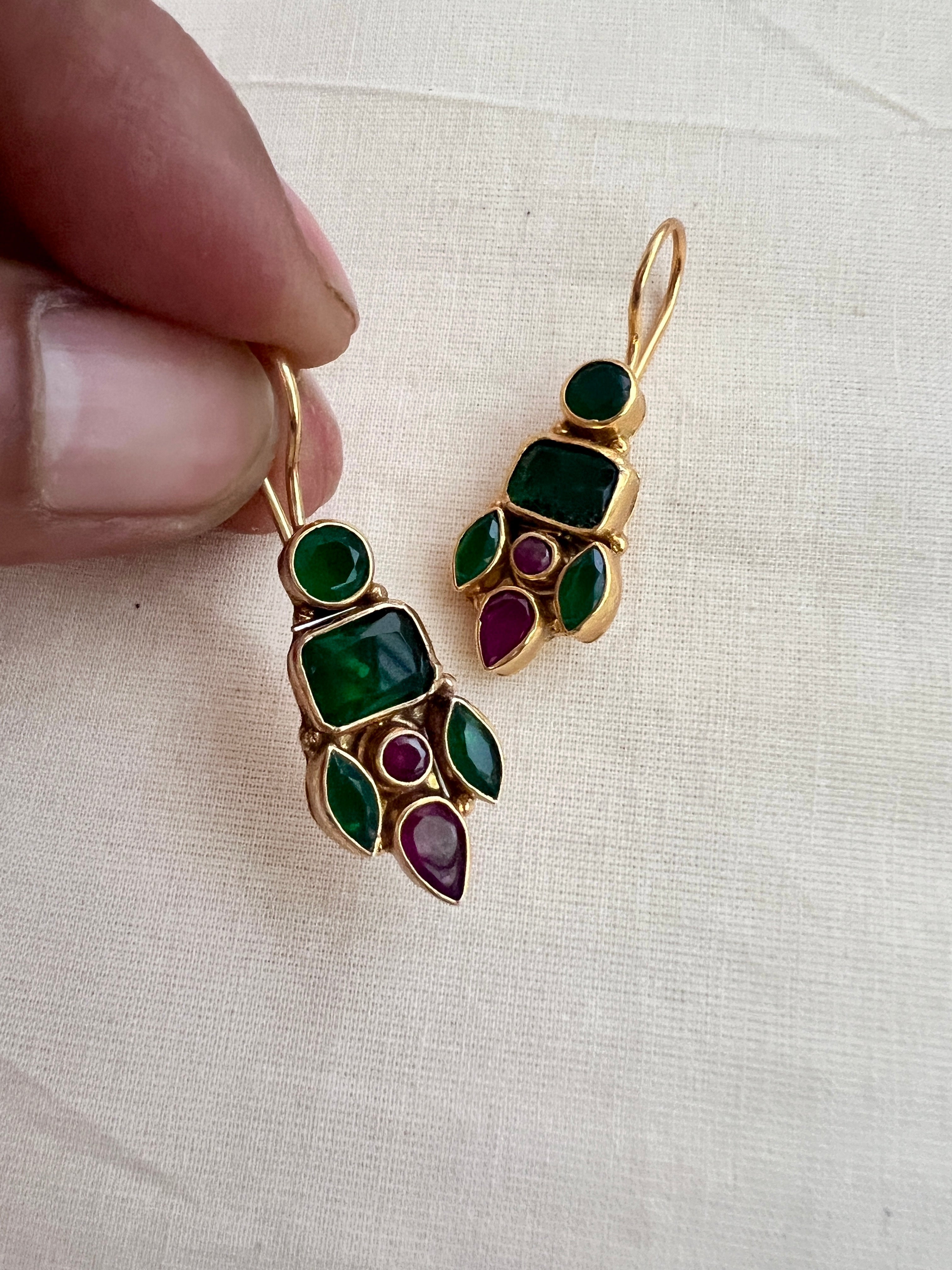 Antique gold polish ruby & emerald hangings-Earrings-CI-House of Taamara