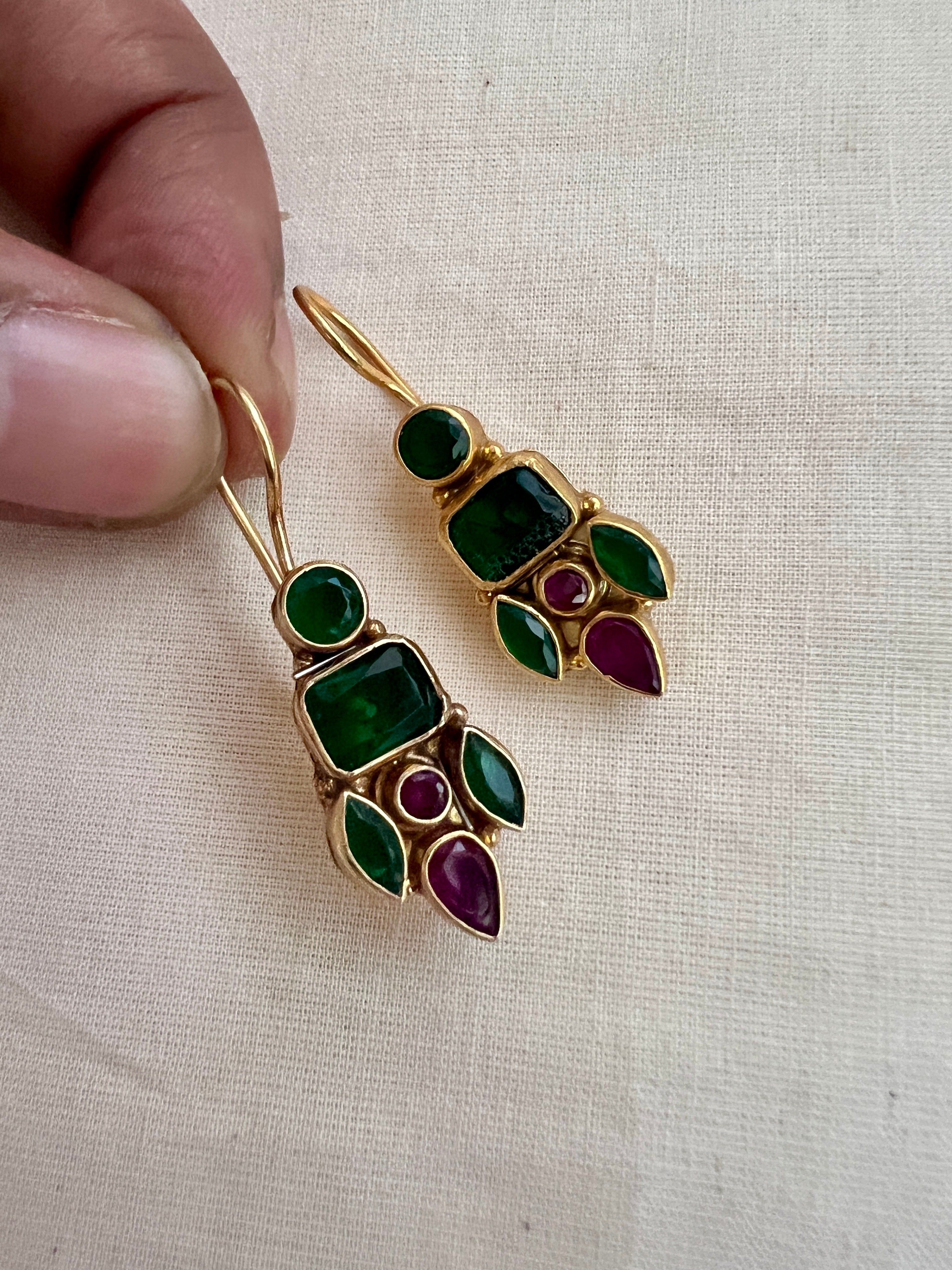 Antique gold polish ruby & emerald hangings-Earrings-CI-House of Taamara