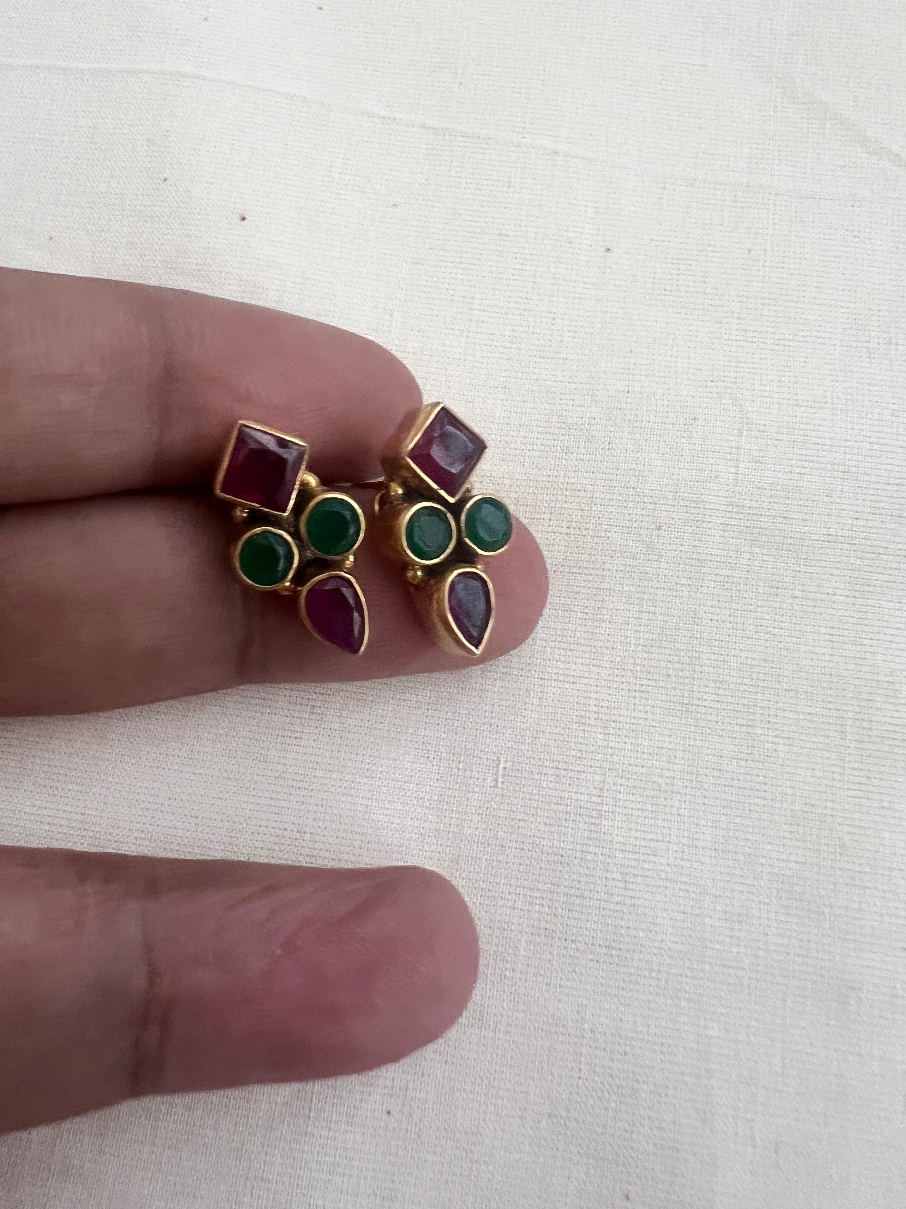 Antique gold polish ruby & emerald studs-Earrings-CI-House of Taamara