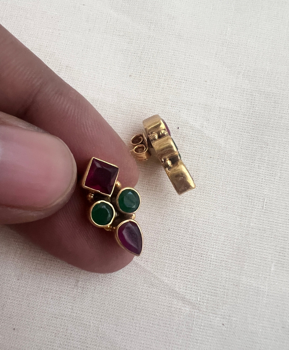 Antique gold polish ruby & emerald studs-Earrings-CI-House of Taamara