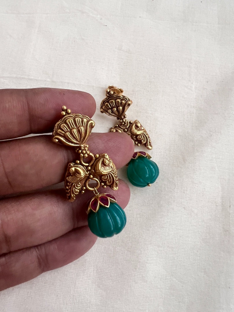 Antique gold polish ruby & green onyx bead hangings-Earrings-CI-House of Taamara