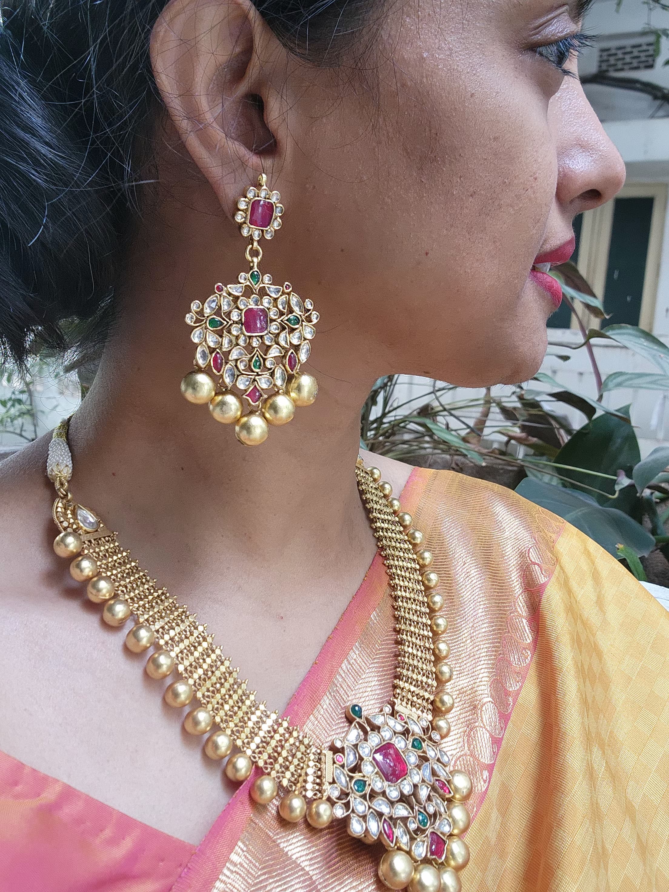 Antique gold polish set with kundan, ruby & emerald pendant with gold beads-Silver Neckpiece-CI-House of Taamara