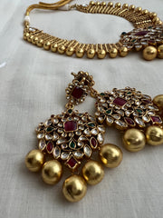 Antique gold polish set with kundan, ruby & emerald pendant with gold beads-Silver Neckpiece-CI-House of Taamara