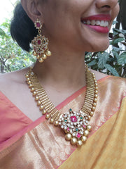 Antique gold polish set with kundan, ruby & emerald pendant with gold beads-Silver Neckpiece-CI-House of Taamara