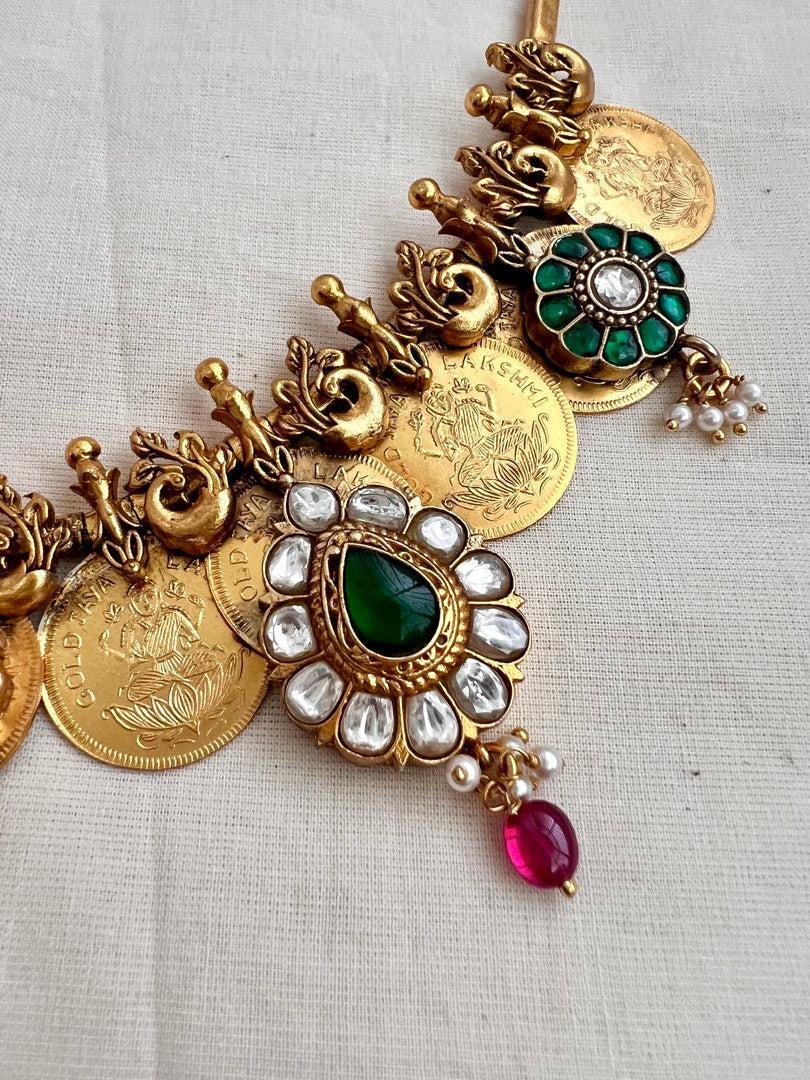Antique gold polish short kasumala with kundan motifs-Silver Neckpiece-CI-House of Taamara