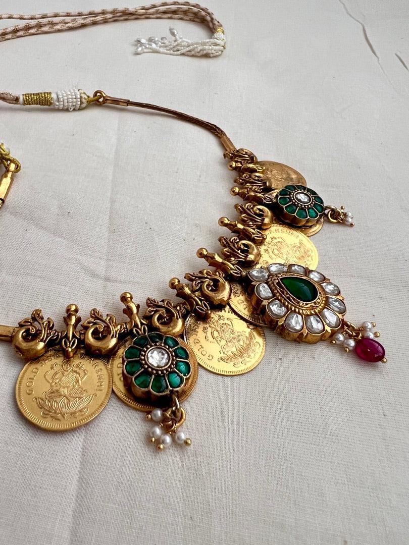 Antique gold polish short kasumala with kundan motifs-Silver Neckpiece-CI-House of Taamara