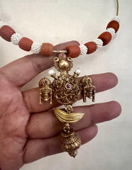 Antique gold polish tali style pendant with corals & pearl beads-Silver Neckpiece-CI-House of Taamara